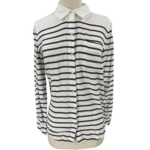Splendid Womens Cotton Blend Button Down Shirt Size Small White Black Striped - Picture 3 of 9
